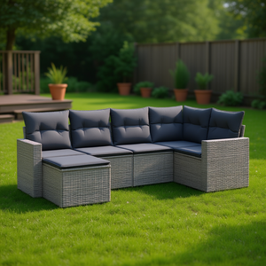 Conjunto de Sofás Modulares de Ratán PE Gris para Jardín, Muebles de Exterior para 6 Personas, Diseño Contemporáneo - Product Image 2