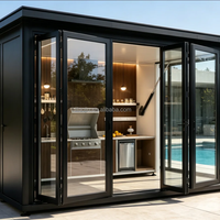 Îlot de cuisine extérieur moderne, modulaire, personnalisable, écologique, ignifuge, carré, laqué, avec barbecue au gaz et hotte aspirante