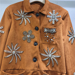 Giacca in Denim Lavato con Paillettes e Strass, Giacca da <span class=keywords><strong>Donna</strong></span> con Decorazioni Floreali in Perline e Diamanti - Product Image 3