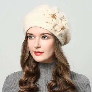 Autumn Winter Rabbit Fur Beret Beanie Cap <b>Old</b> Women <b>Lady</b> New Two Layer Knitted Warm Hat With Pearls Flower - Product Image 2
