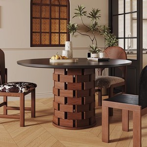 <b>Round</b> <b>Solid</b> <b>Wood</b> Slab <b>Dining</b> <b>Table</b> Black Modern Design Stable Support Structure For <b>Dining</b> Room Home Use - Product Image 1