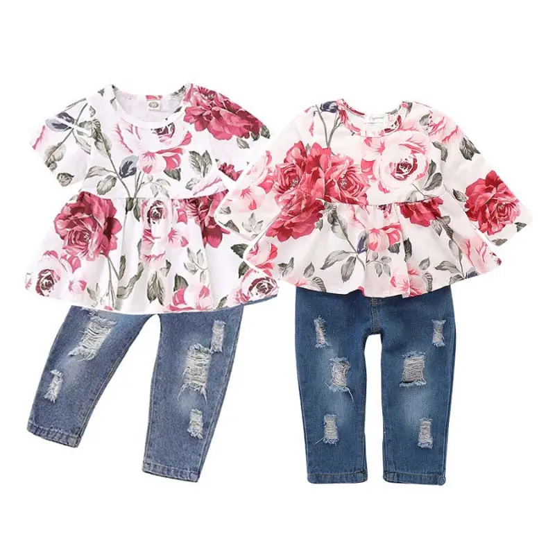 Vêtements pour enfants personnalisé mignon Floral à manches longues pantalon ensemble fleur à volants haut bébé fille ensemble vêtements 2 pièces SADG-013