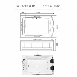 Bañera de Hidromasaje OEM de 1200x1700mm <span class=keywords><strong>para</strong></span> <span class=keywords><strong>Parejas</strong></span> con Respaldares Dobles Ondulados y Barra de Agarre Curva - Product Image 3