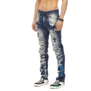 Jeans Ketat Pria, Kain Perca Jeans Denim Sobek Premium, Potongan Bot Gay, Gaya Baru Ramping
