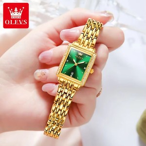 Women's <b>Gold</b> <b>Rectangle</b> <b>Watch</b> Green Dial Rhinestone Bezel Analog Quartz Date Deployment Clasp 30mm 9995 - Product Image 2