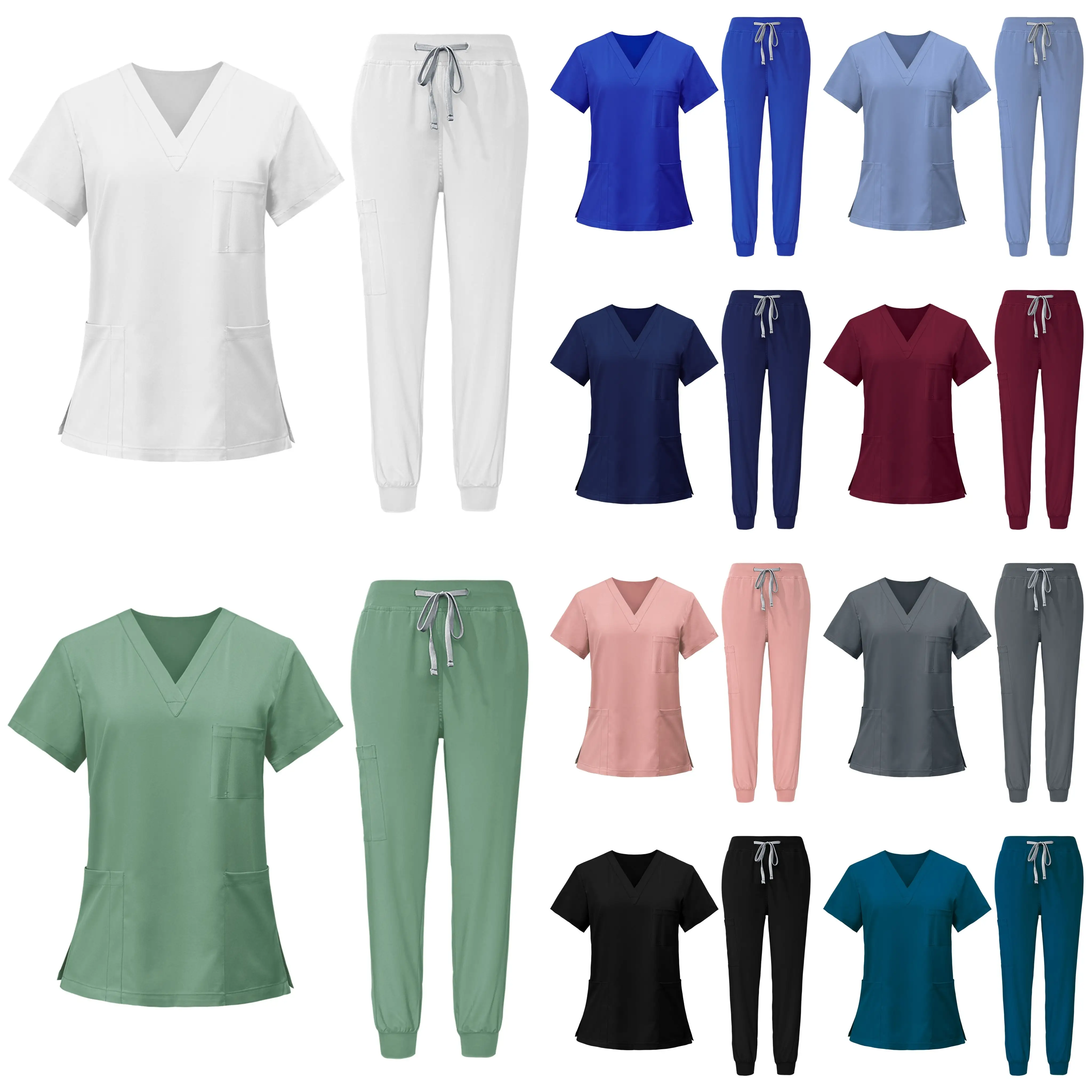 Rekbare Stof Spandex V-Hals Stijl S-3XL Zwart Blauw Groen Rood Wit Vrouwen Verpleegkundige Ziekenhuis Scrubs Medische Uniform Sets