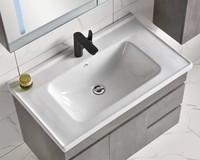 Meuble-lavabo mural moderne en bois avec vasque en céramique et miroir de salle de bain, avec égouttoir en acier inoxydable