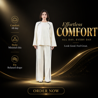 Ensemble 2 pièces de loungewear modeste pour femmes musulmanes, avec logo personnalisé OEM : Tunique à manches cloche et pantalon ample