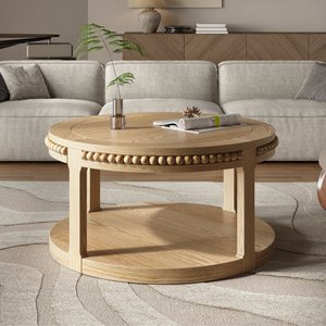 Round Solid Wood Coffee <b>Table</b> 31.5 Inch Two Tier Thickened Top Sturdy Legs Living Room Circle <b>Table</b> - Product Image 5