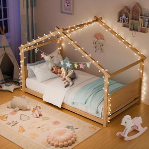 Cama Montessori Doble Tipo Casa con Cabecero y Piecero <span class=keywords><strong>de</strong></span> Madera Maciza <span class=keywords><strong>para</strong></span> Niños Pequeños y Adolescentes, Dormitorio Shandong Natural - Product Image 4