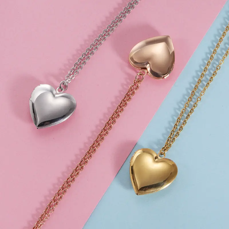 hot sale Heart Shaped Locket Pendant Polish Bright Stainless Steel Locket Heart Photo Box Pendant Necklace