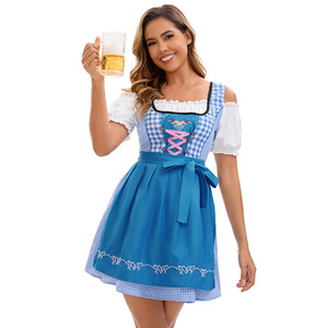 Vestido Dirndl para mujer, estilo Oktoberfest, azul a cuadros, con corsé y cordones, disfraz para fiesta de cerveza, traje elegante para actuación en escenario - Product Image 1