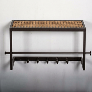 Étagère murale en métal avec assise tressée et crochets pour manteaux, design minimaliste pour salle de bain, organisateur multifonctionnel - Product Image 1