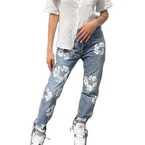 高腰牛仔直腿牛仔裤适合女性时尚街头照片印花铅笔裤夏季和冬季水洗