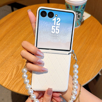 Funda Plegable para Teléfono con Diseño de Cuadrícula de Rombo, de Cuero, con Brazalete de Perlas, Marco Dorado Electrochapado, Resistente a Impactos