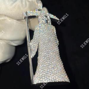 Collar de Lujo con Colgante de Santa Muerte con Incrustaciones de Moissanita VVS y Plata de Ley 925 Chapada en Rodio, Estilo Hip Hop, Listo para Halloween, 30g - Product Image 1