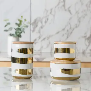 Western luxury gold white porcelain sealed jars custom tea coffee ceramic containers with wooden lid