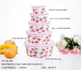 Juego de 5 Recipientes para Almacenamiento de Alimentos con Diseño Floral, 250 ml, 570 ml, 950 ml, 1.5 L, 2.5 L, con Tapa, para Cocina - Product Image 1