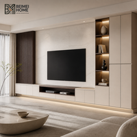 Meuble TV moderne de luxe léger en bois massif, unité murale intégrée avec rangement crème, lattes en noyer foncé et étagère de présentation OEM