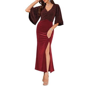 Vestido <span class=keywords><strong>de</strong></span> Cóctel <span class=keywords><strong>de</strong></span> Terciopelo <span class=keywords><strong>de</strong></span> Lujo <span class=keywords><strong>para</strong></span> Mujer, Vestido <span class=keywords><strong>de</strong></span> Fiesta con Lentejuelas y Abertura, Mangas Acampanadas y Cuello en V, Ideal <span class=keywords><strong>para</strong></span> Invitadas <span class=keywords><strong>de</strong></span> <span class=keywords><strong>Boda</strong></span>. - Product Image 1