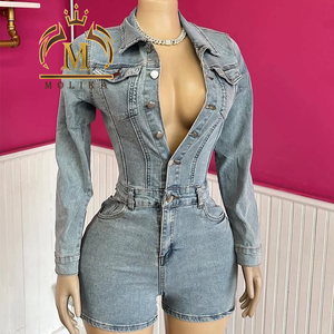 Tuta in Denim Elasticizzato da Donna per Primavera e Autunno, Sexy e Aderente, Jumpsuit Corta in Jeans per Donne - Product Image 1