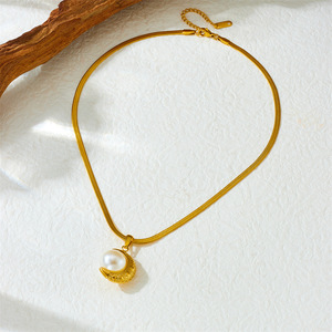 Elegant Moon Pearl Pendant Gold Plated Blade Chain Necklace For Women Everyday Wear - Product Image 3