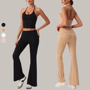 Nouvel arrivage : <span class=keywords><strong>Ensemble</strong></span> 2 pièces pour femme – Soutien-gorge de sport dos nu et pantalon large, avec logo uni sur le devant, idéal pour la gym, le fitness, l'entraînement, la course et le yoga - Product Image 1