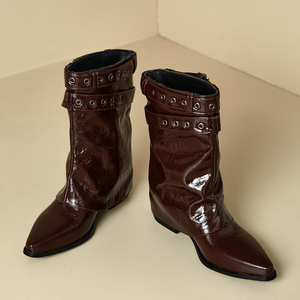 Women's Western Medium Square Heels Ankles <b>Boots</b> Wide Feet Big Size 48 Anti-Slip Pointed Toe Belt Buckles Overlay Short Booties - Product Image 6