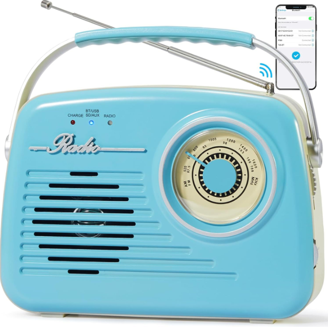 Small Portable AM/FM Vintage Transistor Radio with for Battery Operated Plug-in Wall Retro Speaker Plastic DC Clock