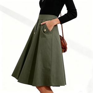 Jupes mi-longues pour femmes en gros, élégantes, amples, boutonnées, taille haute, poche française, taille empire, coton respirant, prix bas - Product Image 3