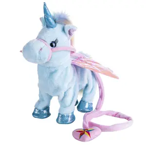 Großhandel Soft Big Singing und Walking Unicorn Gefüllte Plüsch Elektro spielzeug mit Seil