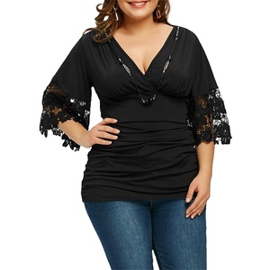 Damen Beliebte Plus Size Halbarm Deep V-Ausschnitt Schwarz Top Fashion Bluse Design Plus Size Damen Blusen - Product Image 1