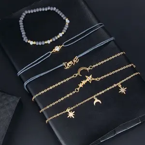 Bracelet And Chain Fashion Moon And Star Love Letter Bead Chains Plated Gold Bracelet Set