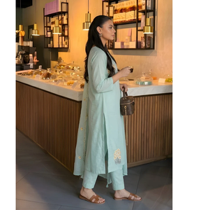 Seafoam Blue Floral Embroidered Cotton 3 <b>Piece</b> Stylish Women Ethnic Wear Kurta Pant Set Wrinkle Free Quick Dry for Casual - Product Image 1