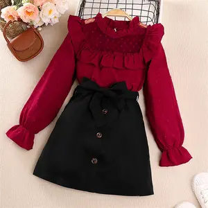 8-12 Years Girls Clothing Full Sleeve Lace Top with A Line Skirt 2 Piece Dress Set Kids Clothes for Spring Autumn