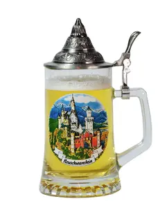 Bier Stein Glas Met Petwer Deksel Handgemaakte Bierkrug Bier Mok Premium Geschenken Souvenirs Geschilderd Schloss Neuschwanstein Tankard