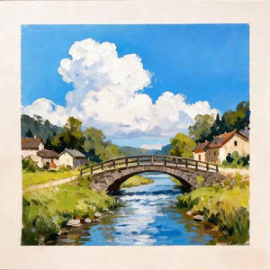 Landscape <b>Painting</b> Rural Scene With Bridge And River Farmhouse Style Metal <b>Frame</b> Hand Painted Art <b>For</b> Living Room Wall Decor - Product Image 5