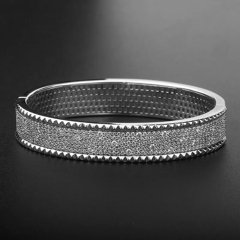 silver925 jewelry 18k gold wide bangle cuff bracelet paved cubic zirconia diamond cz men women big chunky silver bangle custom