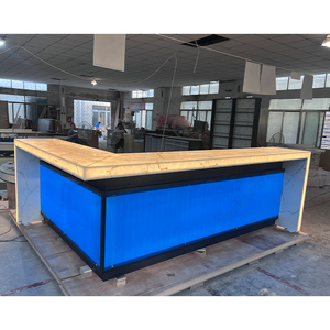 Mostrador de barra de acero inoxidable negro en forma de L, muebles de barra de luz LED azul de piedra translúcida moderna con estante de pared trasera - Product Image 3