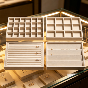 Plateau de présentation de bijoux en velours beige, plusieurs styles de grilles pour bagues, boucles d'oreilles, colliers, plateau de rangement de bijoux pour magasin de détail - Product Image 3