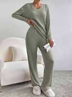 2026 automne hiver tricot Anti-boulochage transfrontalier nouvelle maison mode décontracté pantalon droit élégant ample col en v deux pièces ensemble