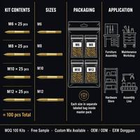 Kit d'assortiment de goujons à double extrémité M6 M8 M10 M12, mélangés, pour bois et métal, en acier au carbone, finition zinc jaune, ensemble de quincaillerie DIN