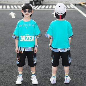2023 <span class=keywords><strong>estate</strong></span> grandi vestiti per bambini manica corta lettera Patchwork T-Shirt tasche pantaloncini due pezzi bello Casual ragazzo set sportivi - Product Image 3