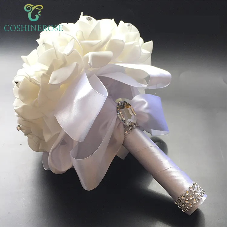 Coshinerose Classic PE Foam Rose Pearl Ribbon Bouquet Elegant Bridal Holding Flowers For Wedding