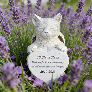 Estatua Conmemorativa de Gato de Resina Personalizable - Nombre/Fecha/Mensaje Grabable, Placa de Corazón y Detalle de Alas, Ideal para Marcador de Tumba de Mascotas - Product Image 2