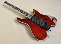 Guitare électrique Flyoung Red Headless sur mesure avec placage en érable flammé, micros HSH et binding coloré
