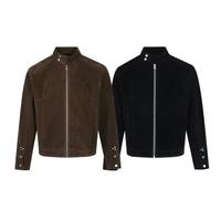Jaket Suede Vintage lengan panjang pria, jaket kain perca berkancing ritsleting warna polos, mantel musim gugur untuk pria