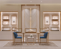 Vitrine de luxe pour bijouterie, design intérieur écologique, éclairage LED, finition vernie, étagère flottante