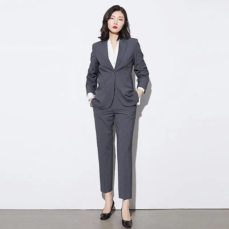 Ladies latest office uniform design wool blend grey herringbone blazer suits for women business office formal dresses