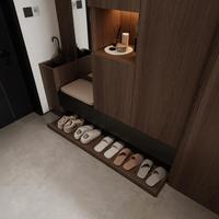 Meuble à chaussures d'entrée sur mesure avec banc miroir, niche d'éclairage LED et tiroirs, finition bois foncé